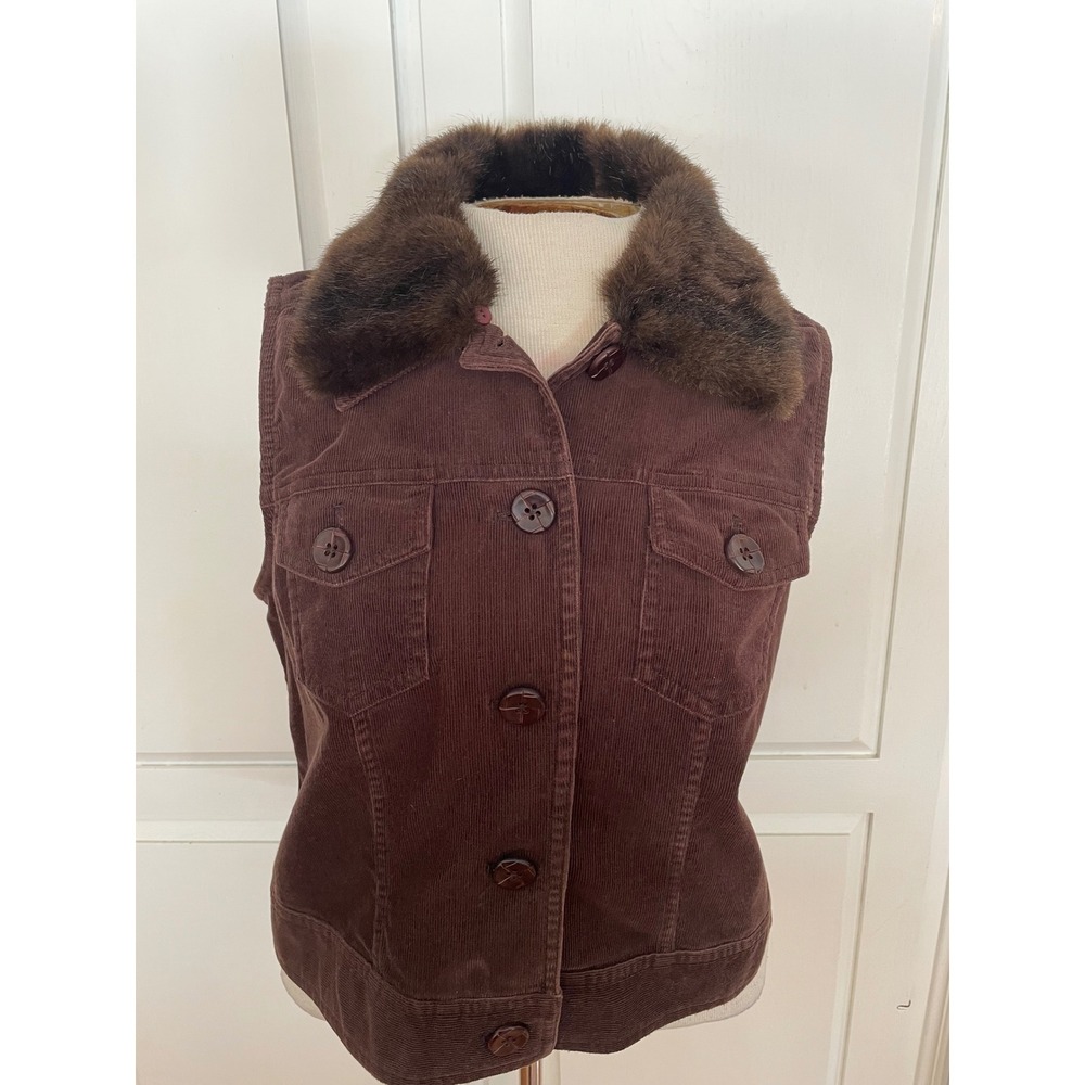 HAROLDS Brown Corduroy‎ Fur Collar Vest Womens Size M Button Front Pockets Boho